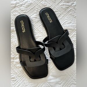Chico's NWT Ilaria Black Leather Cushioned Comfort Sole Slide Sandals Size 7M